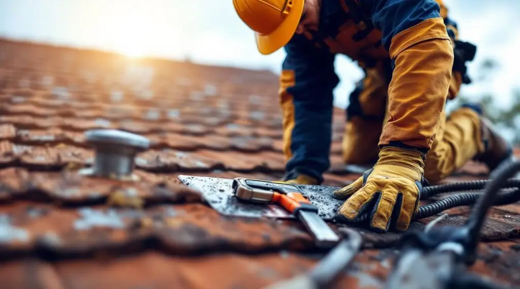 Roof inspector examining asphalt shingles on a residential roof in Summerlin South with mountains in the background