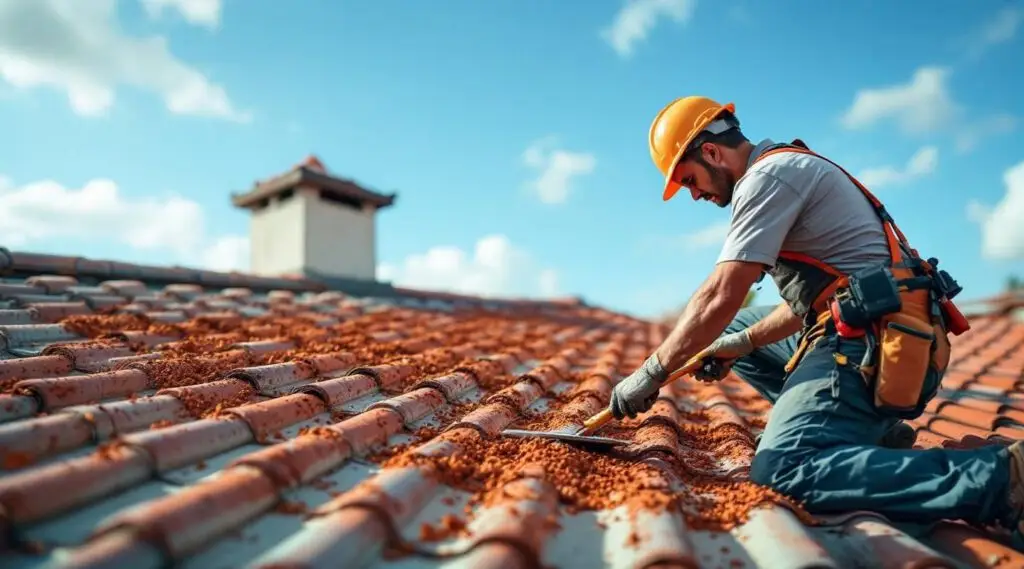 Modern commercial building with a new, elegant terracotta clay tile roof under a clear Summerlin South sky
