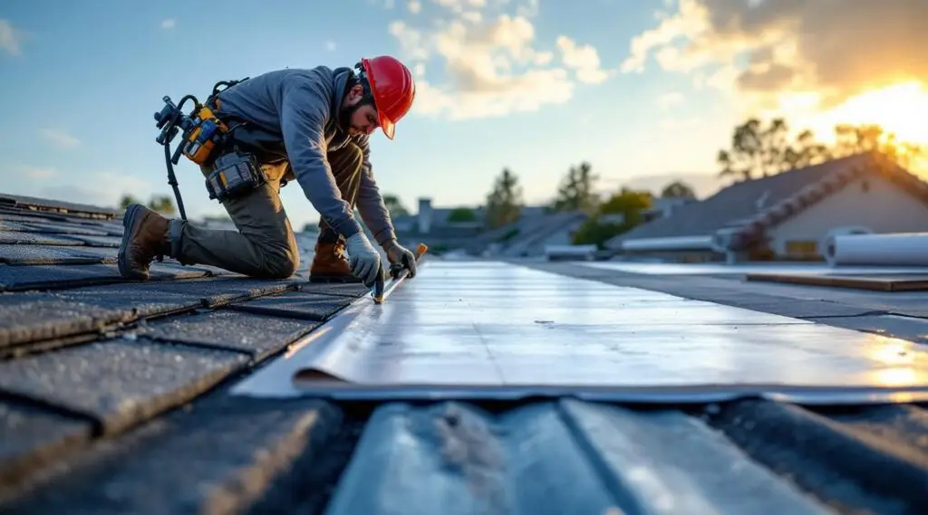 Professional roofing crew installing new asphalt shingles on a residential roof in Summerlin South under a bright sky.