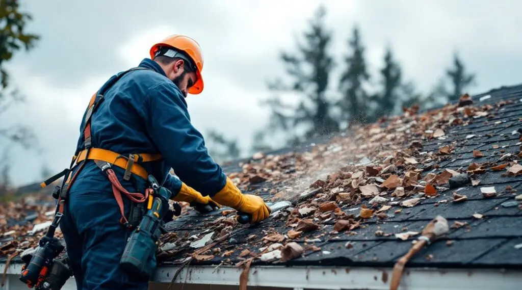 Damaged roof with missing shingles after a Summerlin South windstorm, showing exposed underlayment