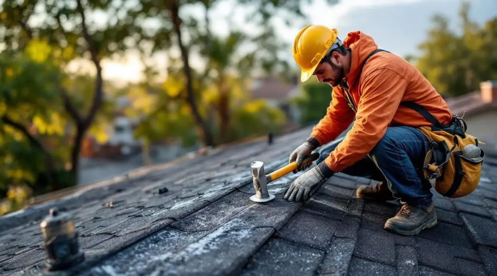 Roofing contractor inspecting damaged shingle roof in Summerlin South